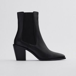 NWT. Zara Leather Heeled Cowboy Ankle Boots Size 8